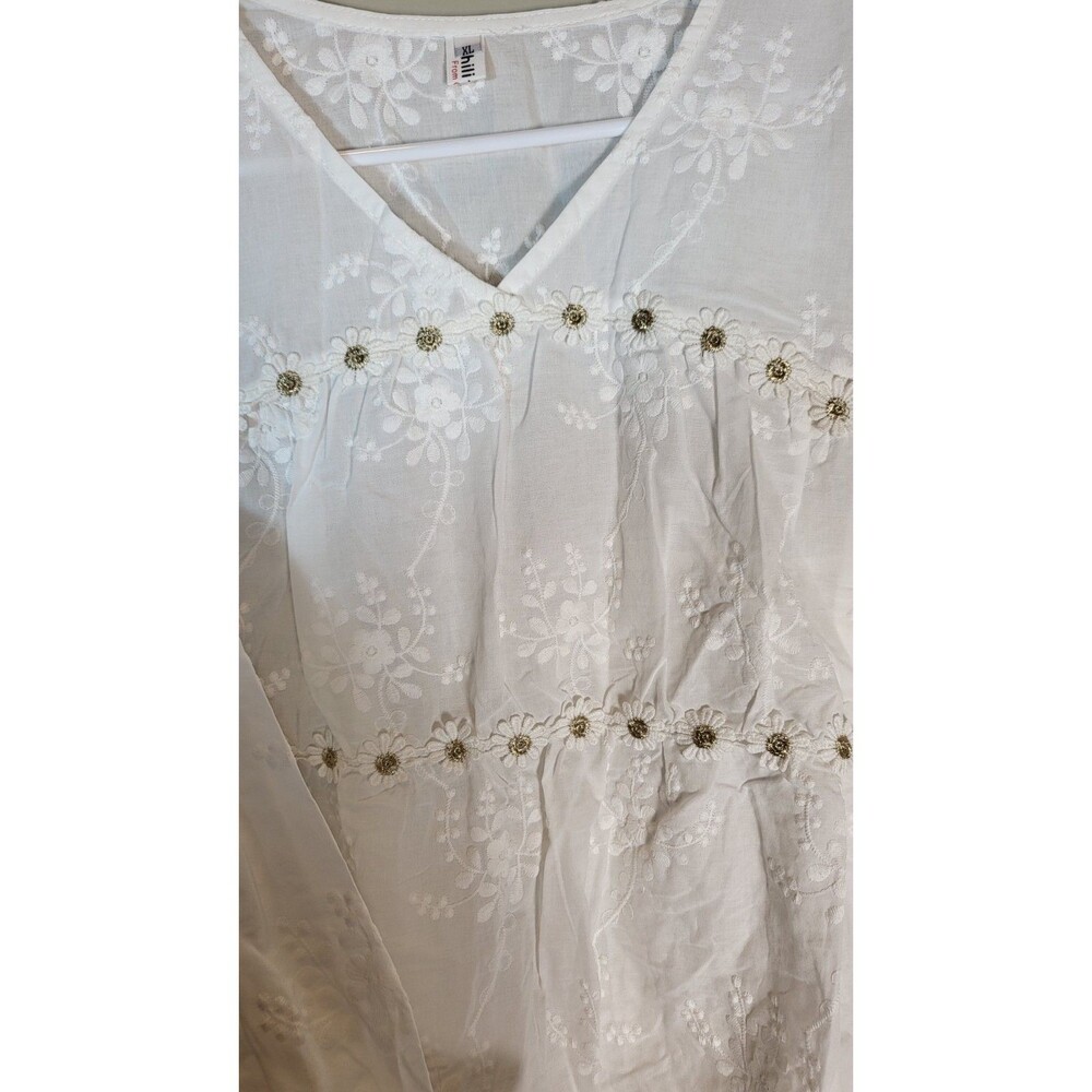 Coquette White Blouse M Embroidered Floral Gold Rosette Cottagecore Boho Prairie - Picture 5 of 8